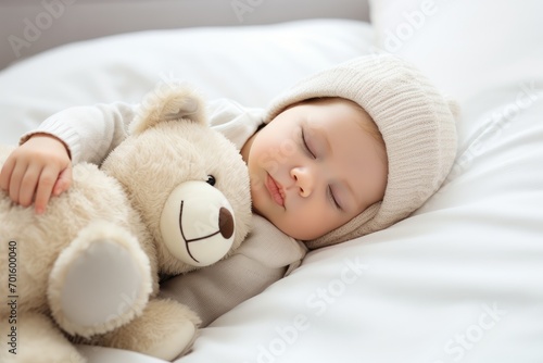 Cute little baby sleeping with teddy bear on bed at home, AI Generated