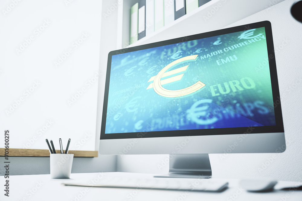 Creative EURO symbols illustration on modern computer monitor, forex and currency concept. 3D Rendering Creative EURO symbols illustration on modern computer monitor, forex and currency concept. 3D Rendering