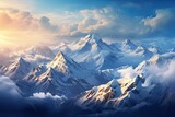 Fantasy landscape with snowy mountains and lake. Digital painting illustration, AI Generated