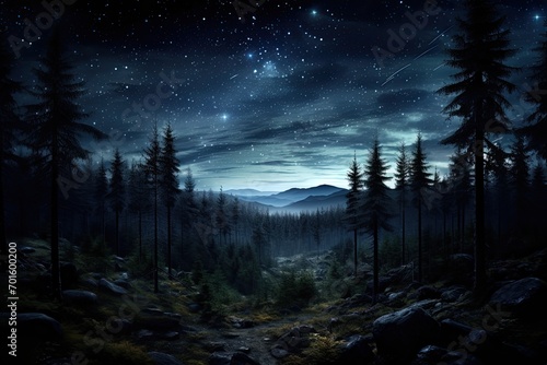 Fantasy landscape with fir trees and mountains under the starry sky, AI Generated