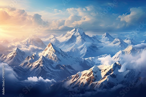 Fantasy landscape with snowy mountains and lake. Digital painting illustration, AI Generated