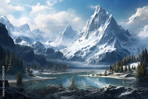 Fantastic winter landscape with lake and snow-capped peaks, AI Generated