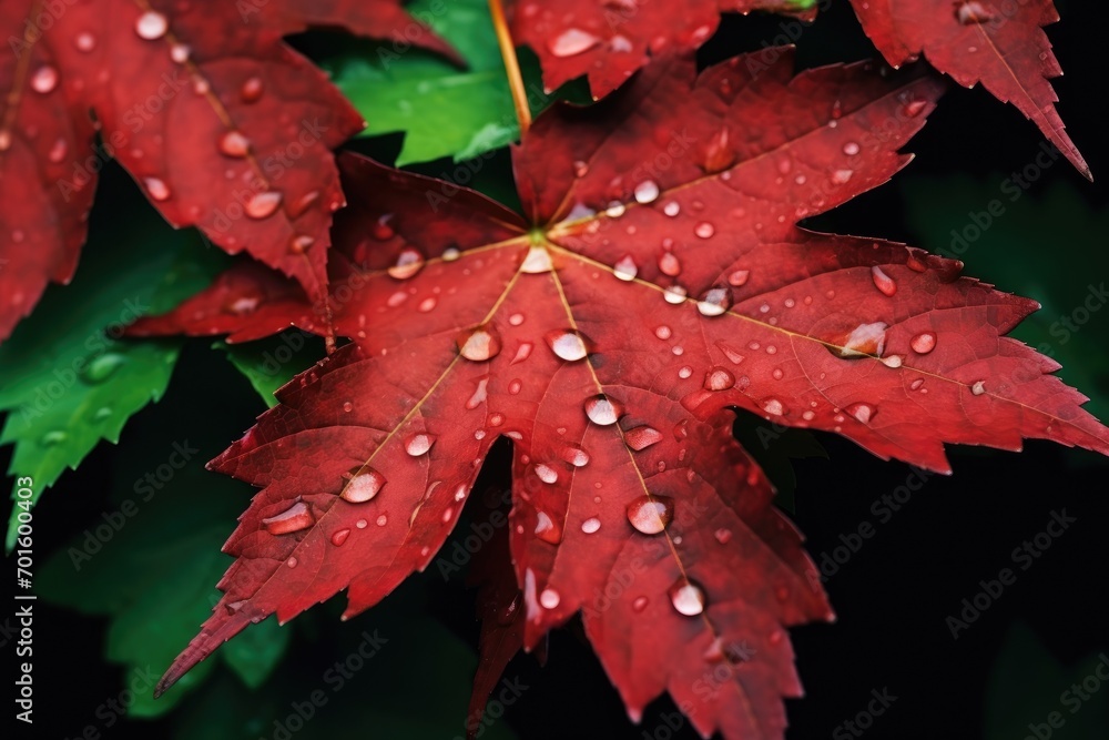 Up-close capture of rain-soaked maple leaves showcasing the beauty of nature's tears Up-close capture of rain-soaked maple leaves showcasing the beauty of nature's tears