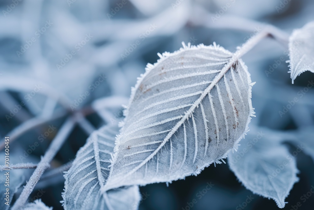 Artistic macro shot of frost-covered leaves unveiling nature's icy masterpiece Artistic macro shot of frost-covered leaves unveiling nature's icy masterpiece