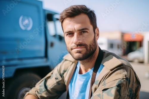 Portrait of a handsome soldier standing in front of his truck.