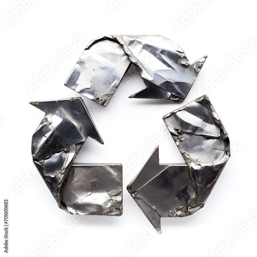 Recycle logo made out of aluminum. Represents recycling metal.  photo