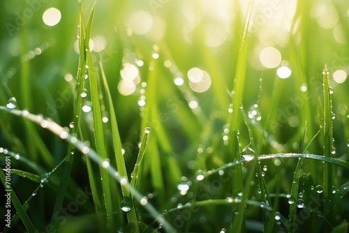 Close-up of vibrant green grass blades covered in dewdrops, showcasing nature's freshness
