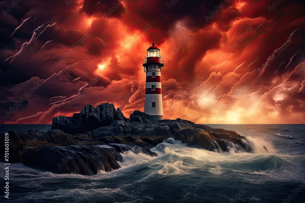 Lighthouse on the rocks in a stormy sea. 3d render, AI Generated