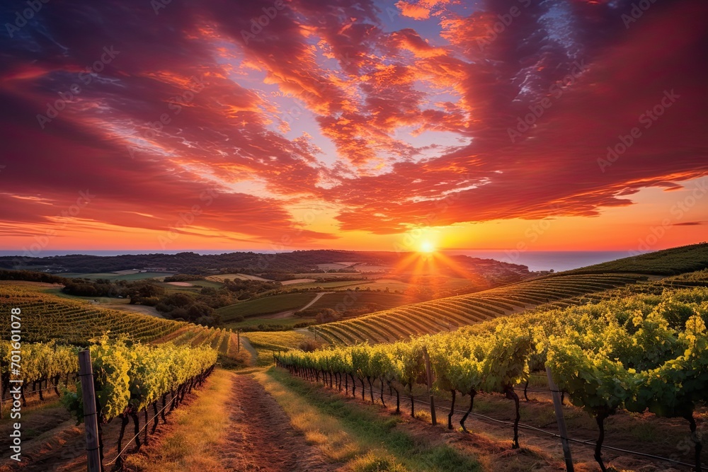 Naklejka premium Sunset over vineyard in Chianti, Tuscany, Italy, AI Generated