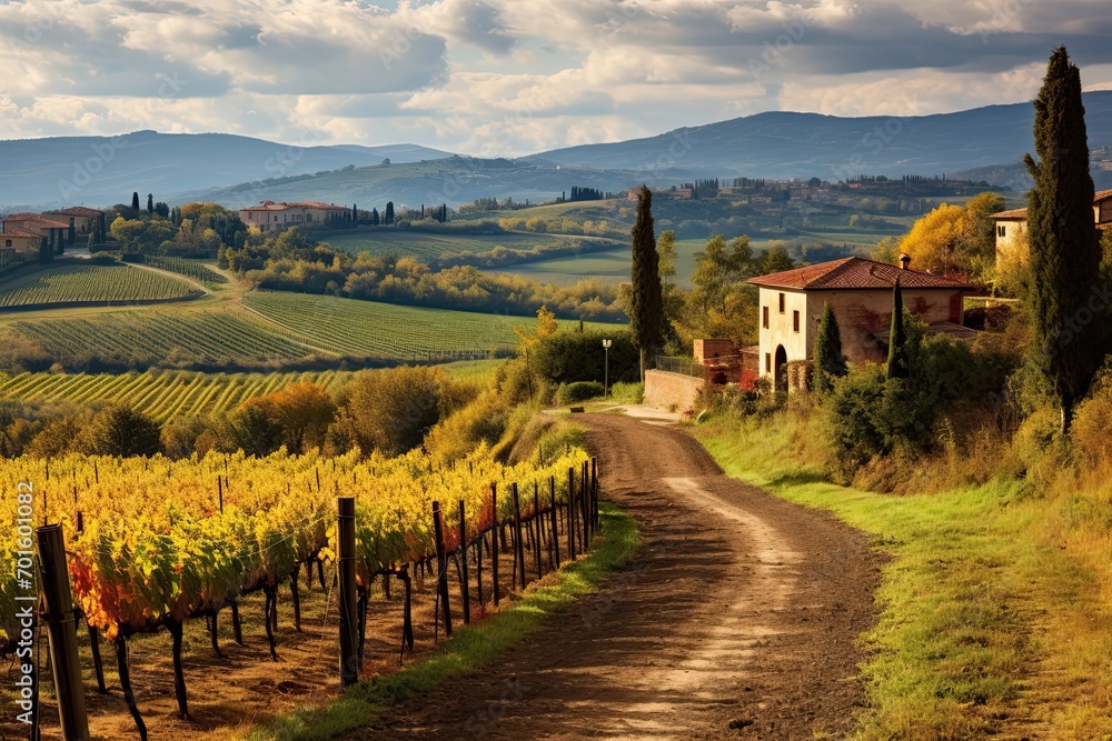 Vineyard in Tuscany, Italy. Vineyards at sunset, AI Generated