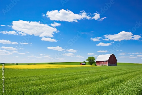 Red Barn and silos in a field of wheat with blue sky, AI Generated