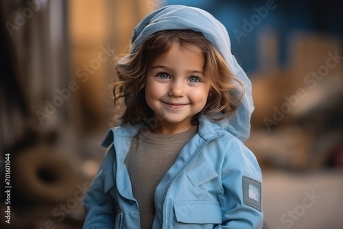 Portrait of a cute little girl in a blue jacket and hat