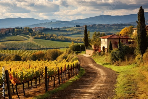 Vineyard in Tuscany  Italy. Vineyards at sunset  AI Generated