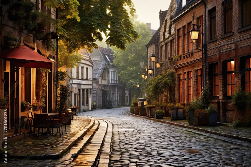 Fototapeta premium Old street in the old town of Bruges, Belgium, AI Generated