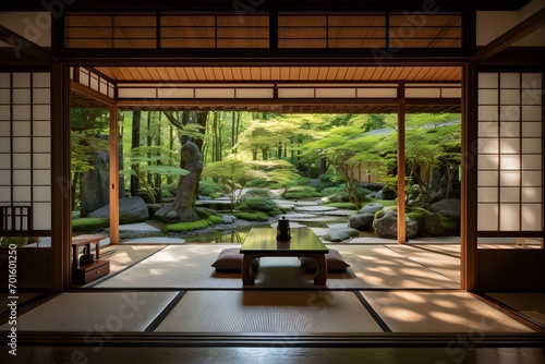Modern living room and japanese garden photo