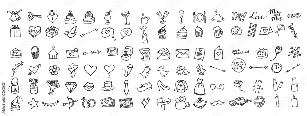 Hand Drawn Wedding & Marriage Icons Set.Full Color Sketched Illustrations Collection in Black & White
