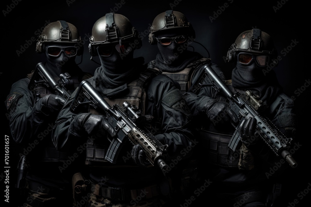 Group of soldiers in black uniforms and helmets with assault rifles on dark background, AI Generated