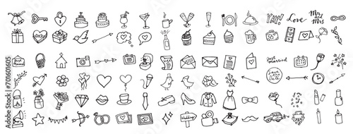 Hand Drawn Wedding & Marriage Icons Set.Full Color Sketched Illustrations Collection in Black & White  © FK