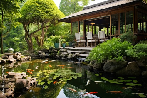 garden with pond and goldfish in chinese style garden, AI Generated