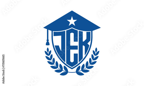 JEK three letter iconic academic logo design vector template. monogram, abstract, school, college, university, graduation cap symbol logo, shield, model, institute, educational, coaching canter, tech