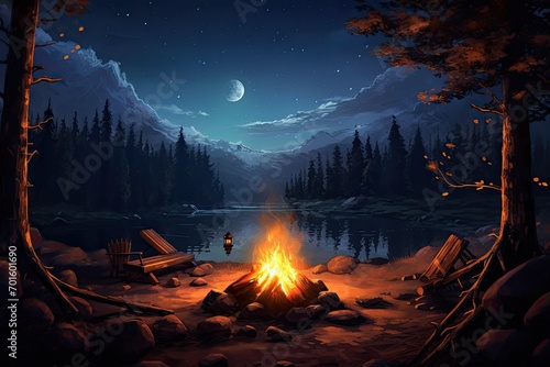 Bonfire on the shore of the lake at night with stars, AI Generated photo