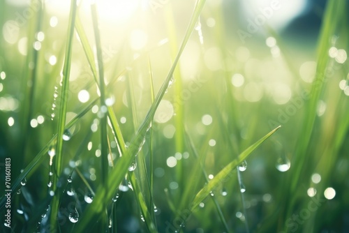 Sunlit blades of grass with dewdrops shimmering like diamonds  a breathtaking display of nature s radiance