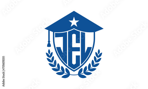 JEL three letter iconic academic logo design vector template. monogram, abstract, school, college, university, graduation cap symbol logo, shield, model, institute, educational, coaching canter, tech