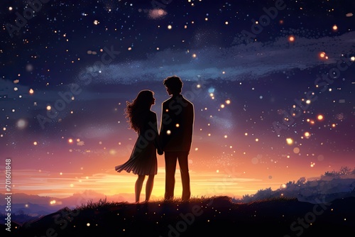 Silhouette of a loving couple against the background of the night sky, AI Generated
