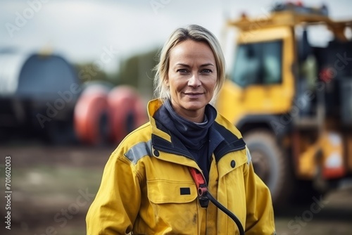 Portrait of a female construction worker in front of a construction site photo