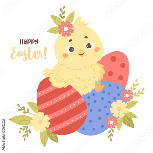 Cute little chick character with Easter eggs and flowers. Happy Easter. Holiday paschal card. Vector illustration. Kids collection.