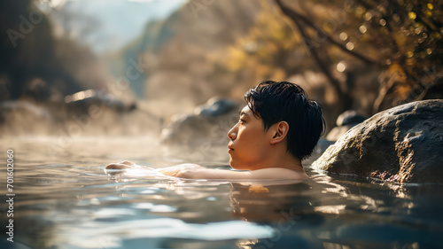Portrait of asian man relaxing in hot spring