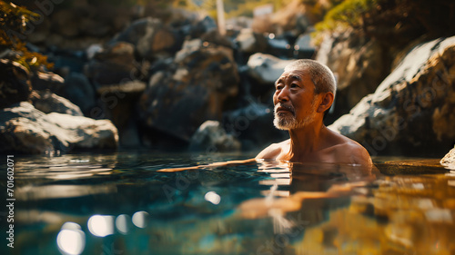portrait of 60 years old Japanese men relaxing in hot spring photo