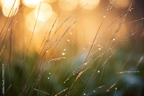 Exquisite details of dew-laden grass blades, unveiling nature's delicate beauty photo
