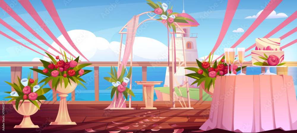 Wedding ceremony scene on sea beach. Vector cartoon illustration of wooden patio decorated with pink ribbons, flowers in vases, romantic arch, wine glasses and cake on table, lighthouse and ocean view