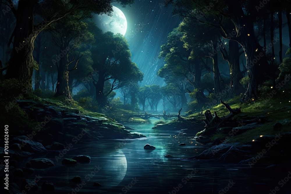 Mysterious dark forest at night with full moon. Fantasy landscape, AI Generated