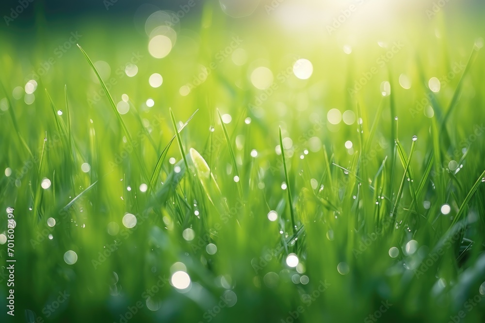 Sparkling dewdrops adorning lush green grass, nature's jewels glistening in the morning light