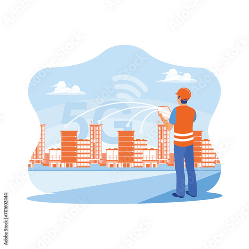 Business people using digital tablets with modern creative telecommunication and internet networks connected in smart cities. Concept of 5G wireless digital connection and future Internet. 