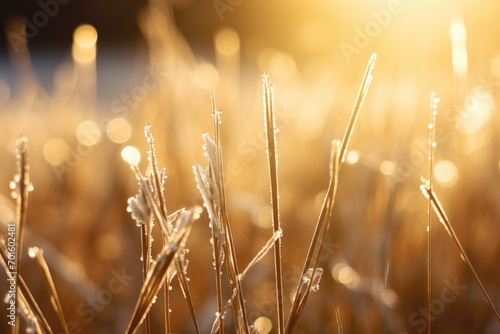 Close-up of dew-spangled grass blades with a blissful blue sky as the backdrop