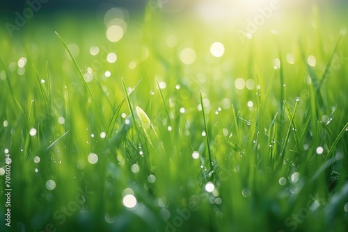 Sparkling dewdrops adorning lush green grass, nature's jewels glistening in the morning light