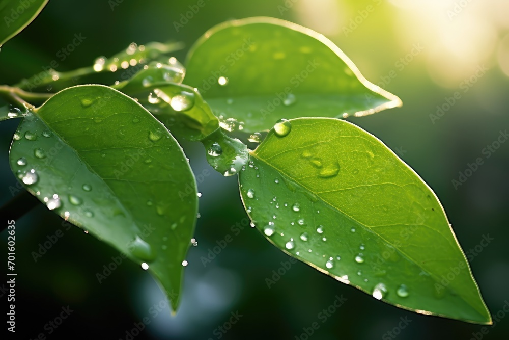 Three leaves adorned with sparkling dewdrops, nature's enchanting jewels of the morning Three leaves adorned with sparkling dewdrops, nature's enchanting jewels of the morning