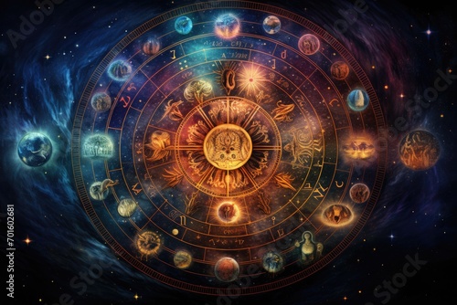 Astronomical clock. Zodiac signs. Zodiac background, AI Generated