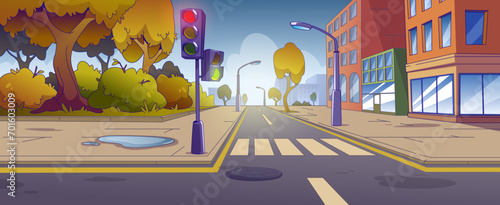 Autumn city street with road crossing and park. Vector cartoon illustration of pedestrian crosswalk in town, traffic light and puddle on wet pavement, yellow trees and bushes, cityscape buildings