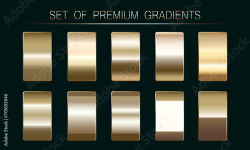 Premium set of gold gradients. Set of metallic holiday gold vector gradients. For luxury badges, certification cards, invitations, backgrounds, borders, ribbons.