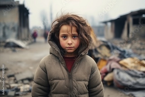 Portrait of a sad child on a background of the destroyed building