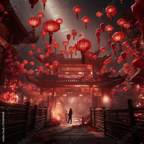 Chinese night with hanging red lantern decoration for festival celebration. In front of the Chinese iconic architecture temple shrine.