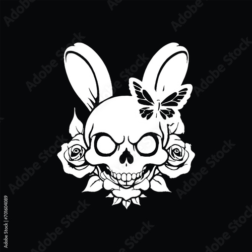 illustration of a skull with ears of a rabbit and roses © dzulvikar