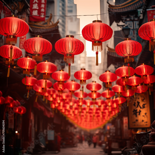 Chinese lantern decoration for Chinese Lunar Newyear in China town neighbourhoods area.