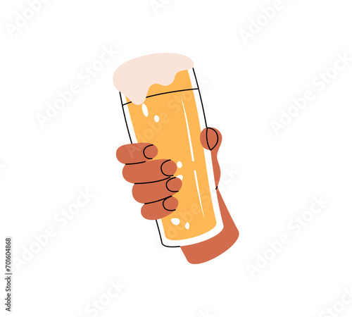 Hand holding a beer glass. Beer pub product. Brewing process, brewery factory production element. Vector illustration.