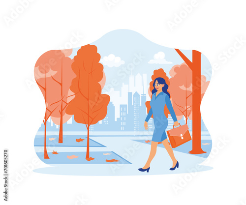A businesswoman walks in a city park with a briefcase. Women walking in the afternoon after coming home from work. Urban panorama with pedestrians concept. trend modern flat vector illustration