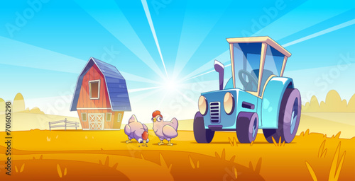 Cartoon farm landscape with red wooden barn, blue tractor and chickens on field with orange grass under blue sky with bright sun. Vector rural agriculture scenery with house and equipment in ranch.
